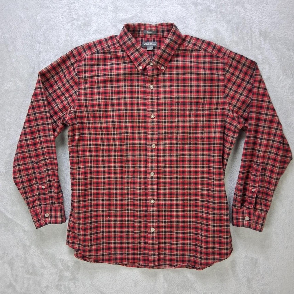 Eddie Bauer Mens Red Plaid Flannel Long Sleeve Relaxed Fit Button Up Shirt L